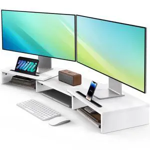Dual Monitor Stand Riser- 3 Shelf Screen Stand with Adjustable Length and Angle, 2 Extra Functional Slot Desktop Organizer Stand for PC, Computer, Laptop (White) Dual Monitor Stand Riser- 3 Shelf Screen Stand with Adjustable Length and Angle, 2 Extra Functional Slot Desktop Organizer Stand for PC, Computer, Laptop (White)
