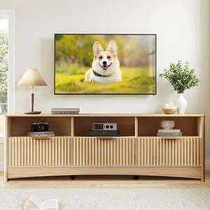 59 Wide TV Stand for TVs Up to 65, Modern Entertainment Center with Fluted Panels, 3 Easy-Sliding Drawers, Open Shelves & Cable Hole, 3-Tier TV Stands for Living Room & Bedroom, Natural Oak 59 Wide TV Stand for TVs Up to 65, Modern Entertainment Center with Fluted Panels, 3 Easy-Sliding Drawers, Open Shelves & Cable Hole, 3-Tier TV Stands for Living Room & Bedroom, Natural Oak