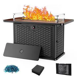 43" Propane Fire Pit Table with Wind Guard - 60,000 BTU Gas Rectangular Fire Pit with Blue Glass Rocks, Waterproof Cover for Deck, Backyard, Garden, Outdoor, CSA-Certified 43" Propane Fire Pit Table with Wind Guard - 60,000 BTU Gas Rectangular Fire Pit with Blue Glass Rocks, Waterproof Cover for Deck, Backyard, Garden, Outdoor, CSA-Certified