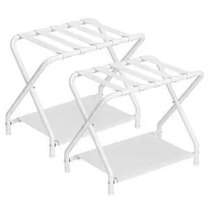 Luggage Rack, Pack of 2, Folding Suitcase Stand with Fabric Storage Shelf for Guest Room, Bedroom, Hotel, Holds up to 100 lb, 27 x 15.3 x 22 Inches, Space Saving, White WT04XLP201 Luggage Rack, Pack of 2, Folding Suitcase Stand with Fabric Storage Shelf for Guest Room, Bedroom, Hotel, Holds up to 100 lb, 27 x 15.3 x 22 Inches, Space Saving, White WT04XLP201
