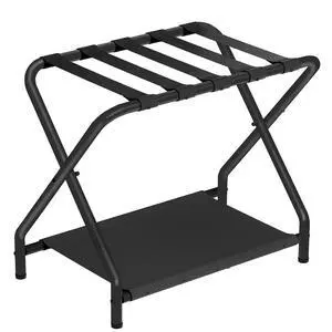 Luggage Rack, Folding Suitcase Stand with Fabric Storage Shelf for Guest Room, Bedroom, Hotel, Holds up to 100 lb, 27 x 15.3 x 22 Inches, Space Saving, Black BK04XL01 Luggage Rack, Folding Suitcase Stand with Fabric Storage Shelf for Guest Room, Bedroom, Hotel, Holds up to 100 lb, 27 x 15.3 x 22 Inches, Space Saving, Black BK04XL01