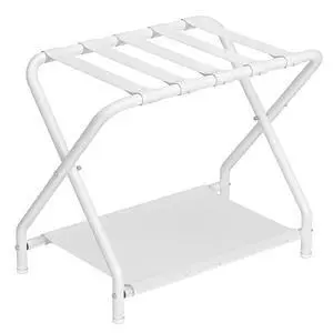 Luggage Rack, Folding Suitcase Stand with Fabric Storage Shelf for Guest Room, Bedroom, Hotel, Holds up to 100 lb, 27 x 15.3 x 22 Inches, Space Saving, White WT04XL01 Luggage Rack, Folding Suitcase Stand with Fabric Storage Shelf for Guest Room, Bedroom, Hotel, Holds up to 100 lb, 27 x 15.3 x 22 Inches, Space Saving, White WT04XL01