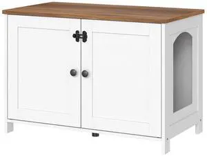Litter Box Enclosure, Cat Litter Box Furniture with Removable Divider, Hidden Litter Box Furniture, Wooden Cat House, End Side Table, 31" L x 17.5" W x 19.7" H, White and Walnut WH03MW01G2 Litter Box Enclosure, Cat Litter Box Furniture with Removable Divider, Hidden Litter Box Furniture, Wooden Cat House, End Side Table, 31" L x 17.5" W x 19.7" H, White and Walnut WH03MW01G2