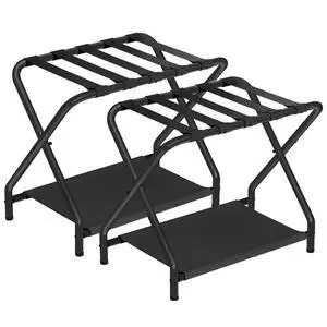 Luggage Rack, Pack of 2, Folding Suitcase Stand with Fabric Storage Shelf for Guest Room, Bedroom, Hotel, Holds up to 100 lb, 27 x 15.3 x 22 Inches, Space Saving, Black BK04XLP201 Luggage Rack, Pack of 2, Folding Suitcase Stand with Fabric Storage Shelf for Guest Room, Bedroom, Hotel, Holds up to 100 lb, 27 x 15.3 x 22 Inches, Space Saving, Black BK04XLP201