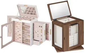 Jewelry Box with Mirror, Travel Jewelry Organizer with Glass Window and 360° Rotating Jewelry Box with Mirror, Jewelry Organizer with 4 Drawers Bundle, WT03JB04G2-BH31JB04 Jewelry Box with Mirror, Travel Jewelry Organizer with Glass Window and 360° Rotating Jewelry Box with Mirror, Jewelry Organizer with 4 Drawers Bundle, WT03JB04G2-BH31JB04