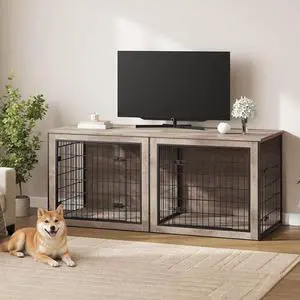 Dog Crate Furniture for 2 Dogs, 63" Large Double Dog Crate Furniture with Divider, Wooden Indoor Kennel TV Stand for Medium Large Dogs, Greige and Black BG55GW03 Dog Crate Furniture for 2 Dogs, 63" Large Double Dog Crate Furniture with Divider, Wooden Indoor Kennel TV Stand for Medium Large Dogs, Greige and Black BG55GW03