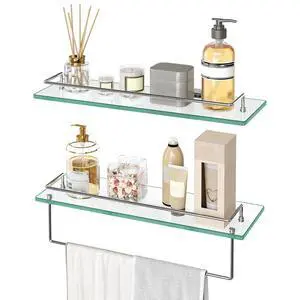 Glass Shelves for Bathroom, 15.7 Inch Floating Glass Shelf for Wall, Set of 2 Tempered Stainless Steel Wall Mounted Stand for Toilet, Room Decor, Silver SV02BJ01 Glass Shelves for Bathroom, 15.7 Inch Floating Glass Shelf for Wall, Set of 2 Tempered Stainless Steel Wall Mounted Stand for Toilet, Room Decor, Silver SV02BJ01