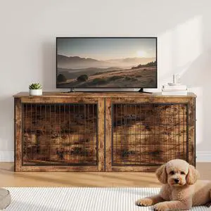 Dog Crate Furniture for 2 Dogs, 63" Large Double Dog Crate Furniture with Divider, Wooden Indoor Kennel TV Stand for Medium Large Dogs, Rustic Brown BF55GW03 Dog Crate Furniture for 2 Dogs, 63" Large Double Dog Crate Furniture with Divider, Wooden Indoor Kennel TV Stand for Medium Large Dogs, Rustic Brown BF55GW03