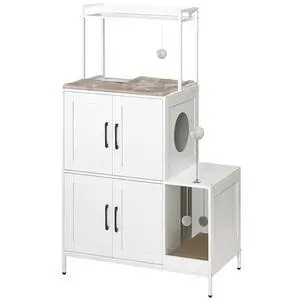 Litter Box Enclosure, Litter Box Furniture with Storage, 2-in-1 Hidden Cat Furniture with Shelf, 2 Dangling Plush Balls and 1 Toy Ball, Large Wooden Cat Washroom, White WT78MW01 Litter Box Enclosure, Litter Box Furniture with Storage, 2-in-1 Hidden Cat Furniture with Shelf, 2 Dangling Plush Balls and 1 Toy Ball, Large Wooden Cat Washroom, White WT78MW01