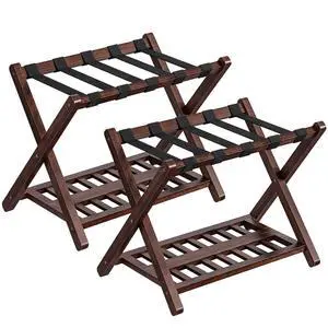 Luggage Racks, Set of 2 Bamboo Suitcase Stands, Folding Luggage Holders, Nylon Strap Support Top, for Guest Room, Hotel, Bedroom, Closet, Dark Brown BR18XLP201 Luggage Racks, Set of 2 Bamboo Suitcase Stands, Folding Luggage Holders, Nylon Strap Support Top, for Guest Room, Hotel, Bedroom, Closet, Dark Brown BR18XLP201