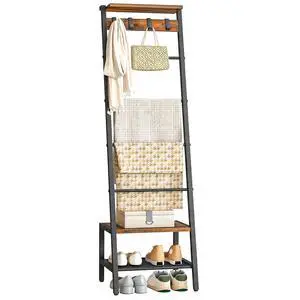 Blanket Ladder, 7-Tier Giraffe Shape Towel Rack for Living Room and Bedroom, 63.4" H Decorative Ladder Shelf with Hooks, Metal Frame, Industrial Style, Rustic Brown and Black BF13CJ01 Blanket Ladder, 7-Tier Giraffe Shape Towel Rack for Living Room and Bedroom, 63.4" H Decorative Ladder Shelf with Hooks, Metal Frame, Industrial Style, Rustic Brown and Black BF13CJ01