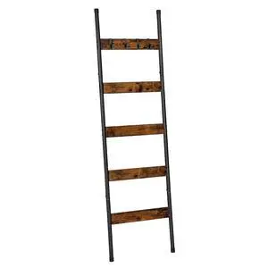 Blanket Ladder, 5-Tier Towel Rack with Hooks, Wall-Leaning Blanket Rack, Decorative Display Ladder Shelf, for Scarves, Industrial, Living Room, Bedroom, Rustic Brown and Black BF52CJ01 Blanket Ladder, 5-Tier Towel Rack with Hooks, Wall-Leaning Blanket Rack, Decorative Display Ladder Shelf, for Scarves, Industrial, Living Room, Bedroom, Rustic Brown and Black BF52CJ01