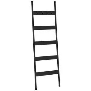 Blanket Ladder, 5-Tier Towel Rack with Hooks, Wall-Leaning Blanket Rack, Decorative Display Ladder Shelf, Scarves, Industrial, Living Room, Bedroom, Black BB52CJ01 Blanket Ladder, 5-Tier Towel Rack with Hooks, Wall-Leaning Blanket Rack, Decorative Display Ladder Shelf, Scarves, Industrial, Living Room, Bedroom, Black BB52CJ01