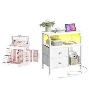 Jewelry Box with Mirror and 23 inch Wide Nightstand with Charging Station and LED Light Bundle, Easy Assembly WT06JB04G1-WT160UDBZ01 Jewelry Box with Mirror and 23 inch Wide Nightstand with Charging Station and LED Light Bundle, Easy Assembly WT06JB04G1-WT160UDBZ01