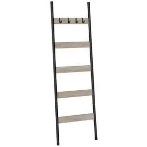 Blanket Ladder, 5-Tier Towel Rack with Hooks, Wall-Leaning Blanket Rack, Decorative Display Ladder Shelf, Scarves, Industrial, Living Room, Bedroom, Greige and Black BG52CJ01 Blanket Ladder, 5-Tier Towel Rack with Hooks, Wall-Leaning Blanket Rack, Decorative Display Ladder Shelf, Scarves, Industrial, Living Room, Bedroom, Greige and Black BG52CJ01