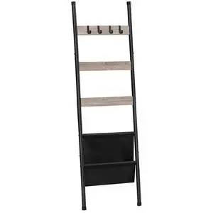 Blanket Ladder, 5 Tier Towel Rack, 17.3" L x 63" H, Wall-Leaning Blanket Rack for Living Room, Decorative Ladder with 4 Hooks and Magazine Pocket, Greige BG32CJ01 Blanket Ladder, 5 Tier Towel Rack, 17.3" L x 63" H, Wall-Leaning Blanket Rack for Living Room, Decorative Ladder with 4 Hooks and Magazine Pocket, Greige BG32CJ01