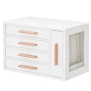 Jewelry Box for Women, Wooden Jewelry Organizer with Transparent Window, 4-Layer Jewelry Organizer Box, Jewelry Holder Organizer for Earrings, Necklaces, Rings, White and Gold WD09JB04 Jewelry Box for Women, Wooden Jewelry Organizer with Transparent Window, 4-Layer Jewelry Organizer Box, Jewelry Holder Organizer for Earrings, Necklaces, Rings, White and Gold WD09JB04