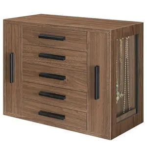 5-Tier Jewelry Box, Wooden Jewelry Organizer with Transparent Windows, Jewelry Storage Box with 2 Vertical Drawers, for Earring, Necklace, Bracelet, Ring, Watch, Walnut and Black BH19JB04 5-Tier Jewelry Box, Wooden Jewelry Organizer with Transparent Windows, Jewelry Storage Box with 2 Vertical Drawers, for Earring, Necklace, Bracelet, Ring, Watch, Walnut and Black BH19JB04