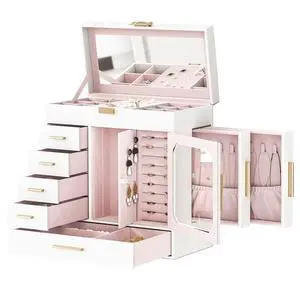 Jewelry Box with Mirror, Jewelry Organizer Box with Capacious Storage Space, Vertical Storage, Glass Cover, Modern Style, White and Light Gold WT06JB04G1 Jewelry Box with Mirror, Jewelry Organizer Box with Capacious Storage Space, Vertical Storage, Glass Cover, Modern Style, White and Light Gold WT06JB04G1