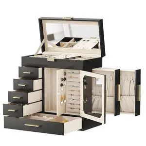 Jewelry Box with Mirror, Jewelry Organizer Box with Capacious Storage Space, Jewelry Holder Organizer, Hand-Held Jewelry Case, Glass Cover, Modern Style, Black and Light Gold BK06JB04G1 Jewelry Box with Mirror, Jewelry Organizer Box with Capacious Storage Space, Jewelry Holder Organizer, Hand-Held Jewelry Case, Glass Cover, Modern Style, Black and Light Gold BK06JB04G1