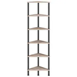 Corner Shelf Stand, Industrial 6-Tier Corner Bookshelf with Metal Frame, Plant Display Shelf, Bookcase for Small Spaces, Living Room, Greige and Black BG36CJ01 Corner Shelf Stand, Industrial 6-Tier Corner Bookshelf with Metal Frame, Plant Display Shelf, Bookcase for Small Spaces, Living Room, Greige and Black BG36CJ01