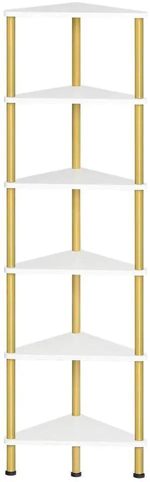 Corner Shelf Stand, Industrial 6-Tier Wall Corner Bookshelf with Metal Frame, Plant Display Shelf, Bookcase for Small Spaces, Living Room, White and Gold DW36CJ01 Corner Shelf Stand, Industrial 6-Tier Wall Corner Bookshelf with Metal Frame, Plant Display Shelf, Bookcase for Small Spaces, Living Room, White and Gold DW36CJ01