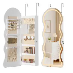 LED Mirror Jewelry Cabinet, Wall/Door Mounted Jewelry Organizer, Jewelry Aromire with Wavy Mirror Full Length, Lockable Jewelry Storage Cabinet, Interior Mirror, 16.5" x 4.1" x 43.3", White LED Mirror Jewelry Cabinet, Wall/Door Mounted Jewelry Organizer, Jewelry Aromire with Wavy Mirror Full Length, Lockable Jewelry Storage Cabinet, Interior Mirror, 16.5" x 4.1" x 43.3", White