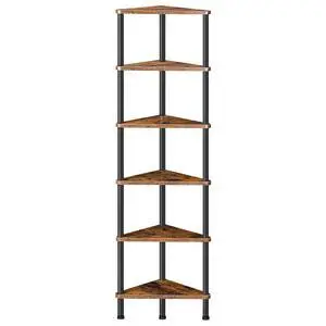 Corner Shelf Stand, Industrial 6-Tier Wall Corner Bookshelf with Metal Frame, Plant Display Shelf, Bookcase for Small Spaces, Bedroom, Living Room, Rustic Brown BF36CJ01 Corner Shelf Stand, Industrial 6-Tier Wall Corner Bookshelf with Metal Frame, Plant Display Shelf, Bookcase for Small Spaces, Bedroom, Living Room, Rustic Brown BF36CJ01