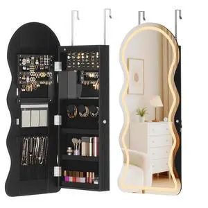 LED Mirror Jewelry Cabinet, Wall/Door Mounted Jewelry Organizer, Jewelry Aromire with Wavy Mirror Full Length, Lockable Jewelry Storage Cabinet, Interior Mirror, 16.5" x 4.1" x 43.3", Black LED Mirror Jewelry Cabinet, Wall/Door Mounted Jewelry Organizer, Jewelry Aromire with Wavy Mirror Full Length, Lockable Jewelry Storage Cabinet, Interior Mirror, 16.5" x 4.1" x 43.3", Black