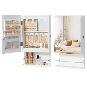 Wall Mounted Jewelry Cabinet, LED Jewelry Armoire with Interior Mirror, Hanging Jewelry Organizer for Wall, Lockable Jewelry Storage Cabinet, 3.9 x 11.8 x 20.9 Inches, White Wall Mounted Jewelry Cabinet, LED Jewelry Armoire with Interior Mirror, Hanging Jewelry Organizer for Wall, Lockable Jewelry Storage Cabinet, 3.9 x 11.8 x 20.9 Inches, White