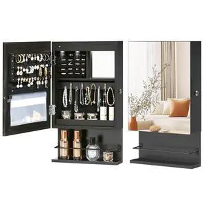 Wall Mounted Jewelry Cabinet, LED Jewelry Armoire with Interior Mirror, Hanging Jewelry Organizer for Wall, Lockable Jewelry Storage Cabinet, 3.9 x 11.8 x 20.9 Inches, Black Wall Mounted Jewelry Cabinet, LED Jewelry Armoire with Interior Mirror, Hanging Jewelry Organizer for Wall, Lockable Jewelry Storage Cabinet, 3.9 x 11.8 x 20.9 Inches, Black