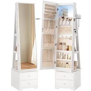 360° Swivel Jewelry Cabinet with LED Lights, Standing Jewelry Armoire with 2 Drawers, Rotatable Full-Length Mirror Jewelry Organizer, Lockable Jewelry Storage Cabinet Makeup Brush Boxes, White 360° Swivel Jewelry Cabinet with LED Lights, Standing Jewelry Armoire with 2 Drawers, Rotatable Full-Length Mirror Jewelry Organizer, Lockable Jewelry Storage Cabinet Makeup Brush Boxes, White