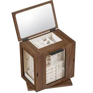 360° Rotating Jewelry Box with Mirror, Jewelry Organizer with 4 Drawers, 3 Transparent Acrylic Doors, Wooden Jewelry Storage Box for Necklaces, Rings, Bracelets, Earrings, Walnut BH31JB04 360° Rotating Jewelry Box with Mirror, Jewelry Organizer with 4 Drawers, 3 Transparent Acrylic Doors, Wooden Jewelry Storage Box for Necklaces, Rings, Bracelets, Earrings, Walnut BH31JB04