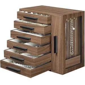 Jewelry Box for Women, Jewelry Organizer Box, 6-Tier Wooden Jewelry Box, Jewelry Case with Side Transparent Window, Creative Gift, for Earring, Necklace, Bracelet, Walnut and Black BH12JB04 Jewelry Box for Women, Jewelry Organizer Box, 6-Tier Wooden Jewelry Box, Jewelry Case with Side Transparent Window, Creative Gift, for Earring, Necklace, Bracelet, Walnut and Black BH12JB04