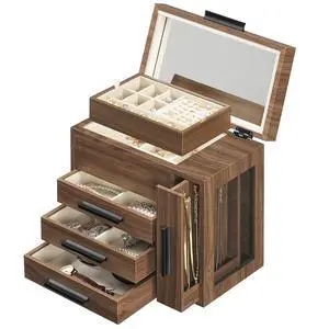 Jewelry Box with Mirror, Wooden Jewelry Organizer Box with Side Clear Acrylic Panel, Large Jewelry Case for Earrings, Necklaces, Rings, Watches, Walnut BH22JB04 Jewelry Box with Mirror, Wooden Jewelry Organizer Box with Side Clear Acrylic Panel, Large Jewelry Case for Earrings, Necklaces, Rings, Watches, Walnut BH22JB04