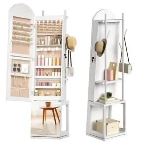 360° Swivel Jewelry Cabinet with LED Lights, Standing Jewelry Organizer with Storage Shelf, Arched Full-Length Mirrored Jewelry Aromires, Lockable Jewelry Cabinet, Makeup Brush Boxes, White 360° Swivel Jewelry Cabinet with LED Lights, Standing Jewelry Organizer with Storage Shelf, Arched Full-Length Mirrored Jewelry Aromires, Lockable Jewelry Cabinet, Makeup Brush Boxes, White
