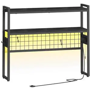 Desktop Bookcase, 37.4" Large Desk Shelf, 2-Tier Desktop Organizer, Wooden Office Storage Rack with Outlets, Display Shelf Rack with Light Strip, Desk Hutch for Office, Black BB13UDSJ01 Desktop Bookcase, 37.4" Large Desk Shelf, 2-Tier Desktop Organizer, Wooden Office Storage Rack with Outlets, Display Shelf Rack with Light Strip, Desk Hutch for Office, Black BB13UDSJ01