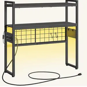 Desktop Bookcase, 2-Tier Office Desktop Organizer, 29.9" Wooden Storage Rack with Outlets, Display Shelf Rack with Light Strip, Desk Hutch for Office, Black BB11UDSJ01 Desktop Bookcase, 2-Tier Office Desktop Organizer, 29.9" Wooden Storage Rack with Outlets, Display Shelf Rack with Light Strip, Desk Hutch for Office, Black BB11UDSJ01