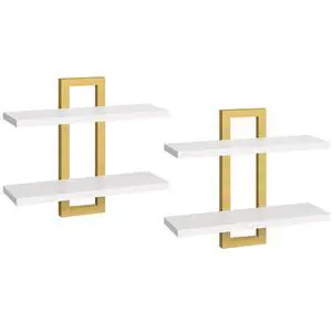 Floating Shelves, 15 Inch Wall Shelf Set of 2, Wall Mounted Storage Shelves 2-Tier, Hanging Bathroom Shelves, for Living Room, Bedroom, Bathroom, Kitchen, White and Gold DW32BJ01 Floating Shelves, 15 Inch Wall Shelf Set of 2, Wall Mounted Storage Shelves 2-Tier, Hanging Bathroom Shelves, for Living Room, Bedroom, Bathroom, Kitchen, White and Gold DW32BJ01