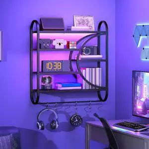 Gaming Floating Shelves with LED Lights, 28.9" LED Wall Mounted Shelf, 5-Tier Display Rack for Wall Storage, Floating Rack with Hanging Rod and 4 S-Hooks, for Game Room, Black BB50DBJ01 Gaming Floating Shelves with LED Lights, 28.9" LED Wall Mounted Shelf, 5-Tier Display Rack for Wall Storage, Floating Rack with Hanging Rod and 4 S-Hooks, for Game Room, Black BB50DBJ01