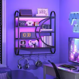 Gaming Floating Shelf with LED Lights, 28.9" LED Wall Mounted Shelf, 5-Tier Display Rack for Wall Storage, Floating Rack with Hanging Rod and 4 S-Hooks, Rustic Brown and Black BF50DBJ01 Gaming Floating Shelf with LED Lights, 28.9" LED Wall Mounted Shelf, 5-Tier Display Rack for Wall Storage, Floating Rack with Hanging Rod and 4 S-Hooks, Rustic Brown and Black BF50DBJ01