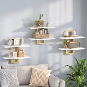 Floating Shelves, 15 Inch Wall Shelf Set of 3, Wall Mounted Storage Shelves 2-Tier, Hanging Bathroom Shelves, for Living Room, Bedroom, Bathroom, Kitchen, White and Gold DW32BJP301 Floating Shelves, 15 Inch Wall Shelf Set of 3, Wall Mounted Storage Shelves 2-Tier, Hanging Bathroom Shelves, for Living Room, Bedroom, Bathroom, Kitchen, White and Gold DW32BJP301