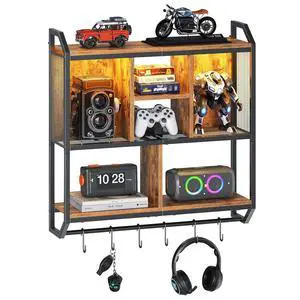 Gaming Floating Shelf with LED Lights, 28.7" LED Wall Mounted Shelf, 3-Tier Display Rack for Wall Storage, Floating Rack with Hanging Rod and 6 S-Hooks, Rustic Brown and Black BF70DBJ01 Gaming Floating Shelf with LED Lights, 28.7" LED Wall Mounted Shelf, 3-Tier Display Rack for Wall Storage, Floating Rack with Hanging Rod and 6 S-Hooks, Rustic Brown and Black BF70DBJ01
