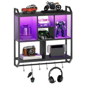 Gaming Floating Shelves with LED Lights, 28.7" LED Wall Mounted Shelf, 3-Tier Display Rack for Wall Storage, Floating Rack with Hanging Rod and 6 S-Hooks, for Gaming Room, Black BB70DBJ01 Gaming Floating Shelves with LED Lights, 28.7" LED Wall Mounted Shelf, 3-Tier Display Rack for Wall Storage, Floating Rack with Hanging Rod and 6 S-Hooks, for Gaming Room, Black BB70DBJ01