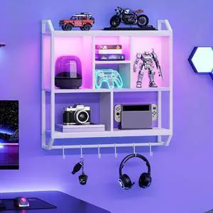Gaming Floating Shelves with LED Lights, 28.7" LED Wall Mounted Shelf, 3-Tier Display Rack for Wall Storage, Floating Rack with Hanging Rod and 6 S-Hooks, for Gaming Room, White WT70DBJ01 Gaming Floating Shelves with LED Lights, 28.7" LED Wall Mounted Shelf, 3-Tier Display Rack for Wall Storage, Floating Rack with Hanging Rod and 6 S-Hooks, for Gaming Room, White WT70DBJ01