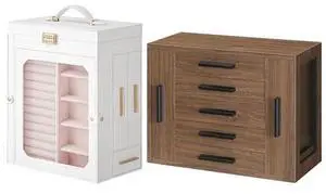 Jewelry Box with Mirror and 5-Tier Jewelry Box Bundle, Travel Jewelry Organizer with Glass Window, Jewelry Storage Box with 2 Vertical Drawers, WT03JB04G2-BH19JB04 Jewelry Box with Mirror and 5-Tier Jewelry Box Bundle, Travel Jewelry Organizer with Glass Window, Jewelry Storage Box with 2 Vertical Drawers, WT03JB04G2-BH19JB04