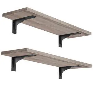 Floating Shelves for Wall, 15.7" Wall Mounted Shelves Set of 2 | Hanging Storage Shelf with Metal Brackets, Wooden Shelf for Living Room, Bedroom, Bathroom, Greige and Black Floating Shelves for Wall, 15.7" Wall Mounted Shelves Set of 2 | Hanging Storage Shelf with Metal Brackets, Wooden Shelf for Living Room, Bedroom, Bathroom, Greige and Black