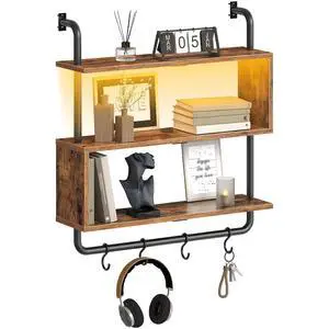 Floating Shelves with LED Lights, 29.5" LED Wall Mounted Gaming Shelf, 3-Tier Pipe Display Rack with Hanging Rod and 4 S-Hooks, for Storage Livingroom, Bedroom, Rustic Brown and Black BF21DBJ01 Floating Shelves with LED Lights, 29.5" LED Wall Mounted Gaming Shelf, 3-Tier Pipe Display Rack with Hanging Rod and 4 S-Hooks, for Storage Livingroom, Bedroom, Rustic Brown and Black BF21DBJ01