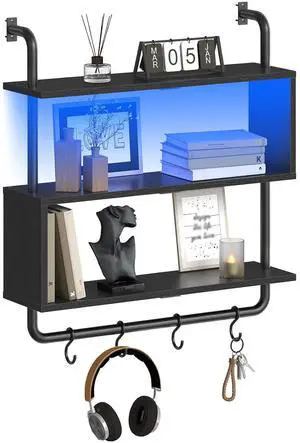 Floating Shelves with LED Lights, 29.5" LED Wall Mounted Gaming Shelf, 3-Tier Pipe Display Rack with Hanging Rod and 4 S-Hooks, for Storage Livingroom, Bedroom, Kitchen, Black BB21DBJ01 Floating Shelves with LED Lights, 29.5" LED Wall Mounted Gaming Shelf, 3-Tier Pipe Display Rack with Hanging Rod and 4 S-Hooks, for Storage Livingroom, Bedroom, Kitchen, Black BB21DBJ01