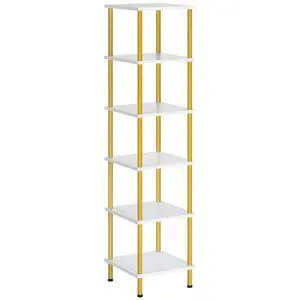 6-Tier Corner Shelf, Corner Square Rack Display Shelf, Tall Storage Rack Plant Stand, Bookcase for Small Spaces, Living Room, Home Office, Kitchen, White and Gold DW55CJ01 6-Tier Corner Shelf, Corner Square Rack Display Shelf, Tall Storage Rack Plant Stand, Bookcase for Small Spaces, Living Room, Home Office, Kitchen, White and Gold DW55CJ01